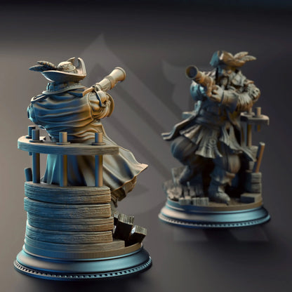 Alternate angle of pirate captain figure with raised foot on broken deck boards
