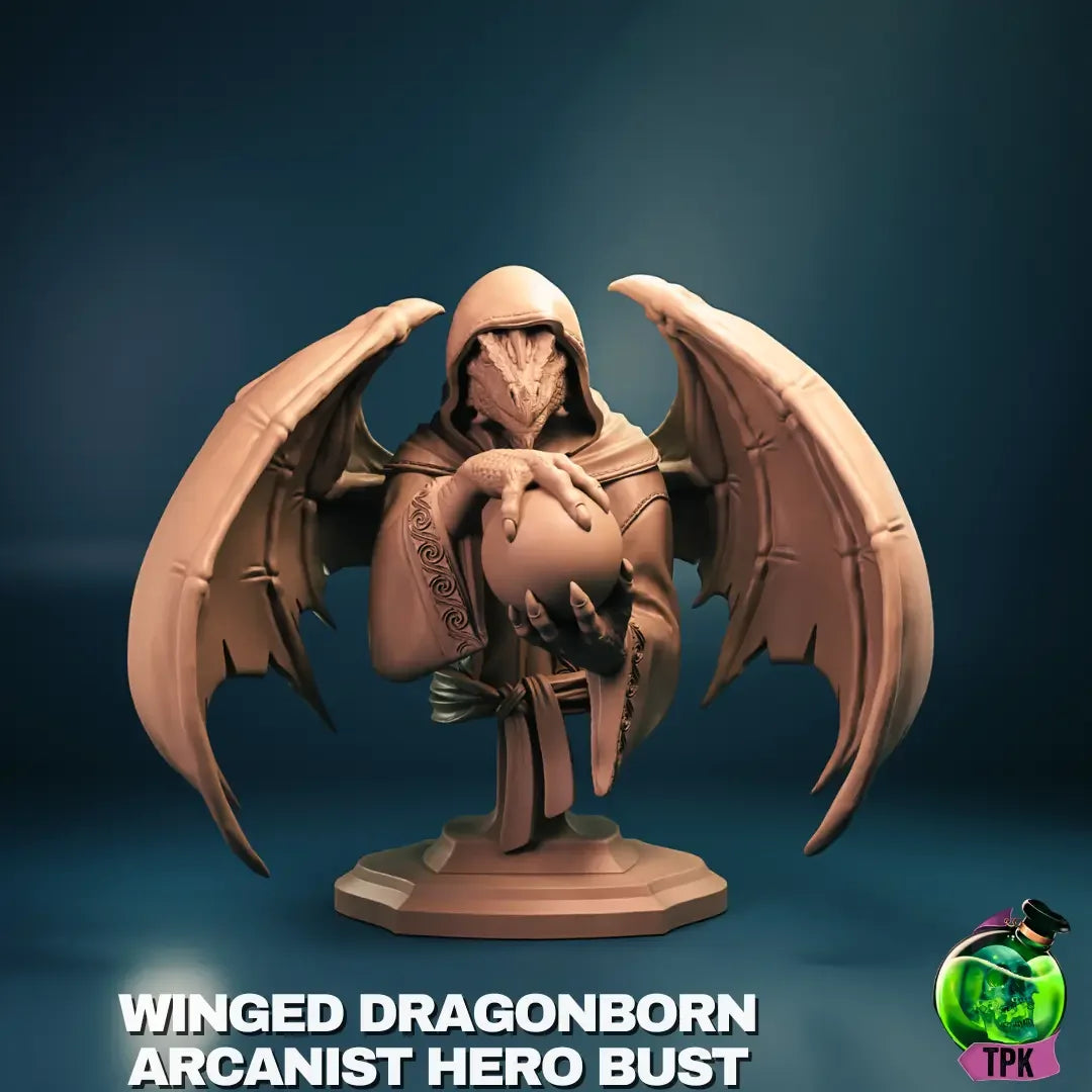 Winged dragonborn arcanist hero bust on a dark blue background
