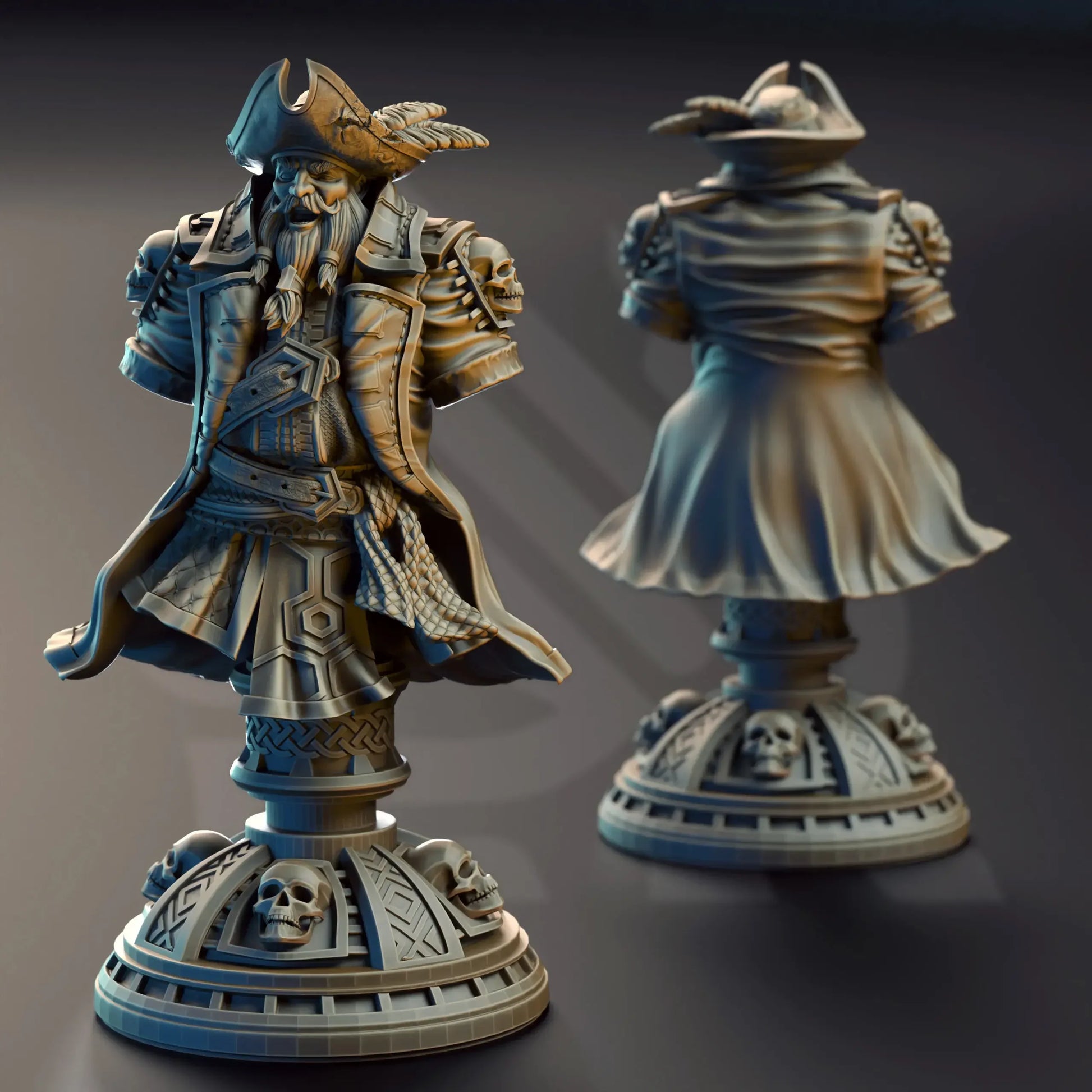 Baradin Blackbeard bust with feathered hat, braided beard, and skull base for display
