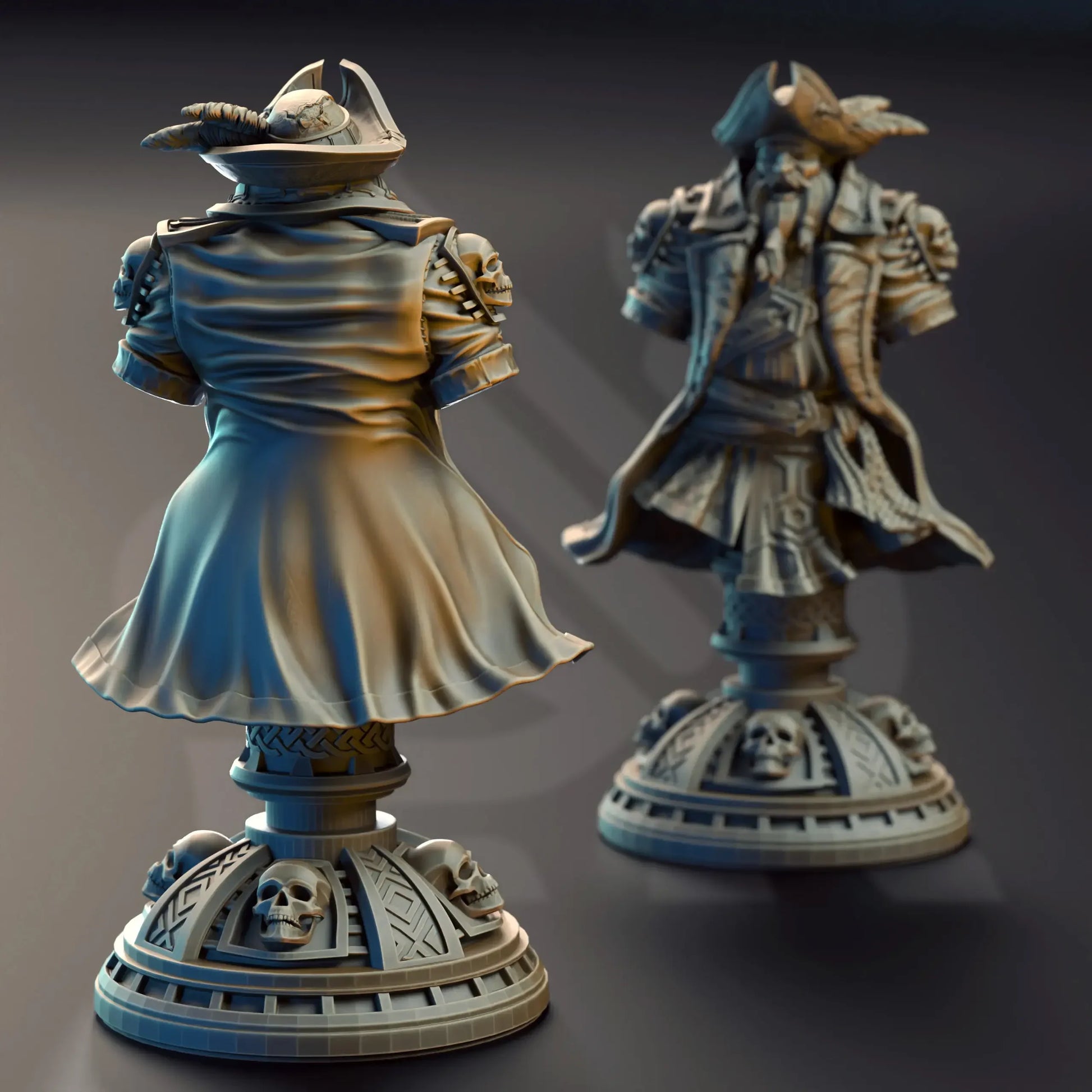 Rear view of pirate bust showing detailed coat and skull platform