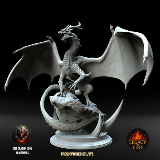 Vardask resin dragon miniature perched on rock with large wings spread, perfect for TTRPG or wargaming