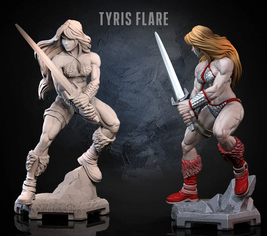 Flare Warrioress painted and raw render side by side with sword drawn