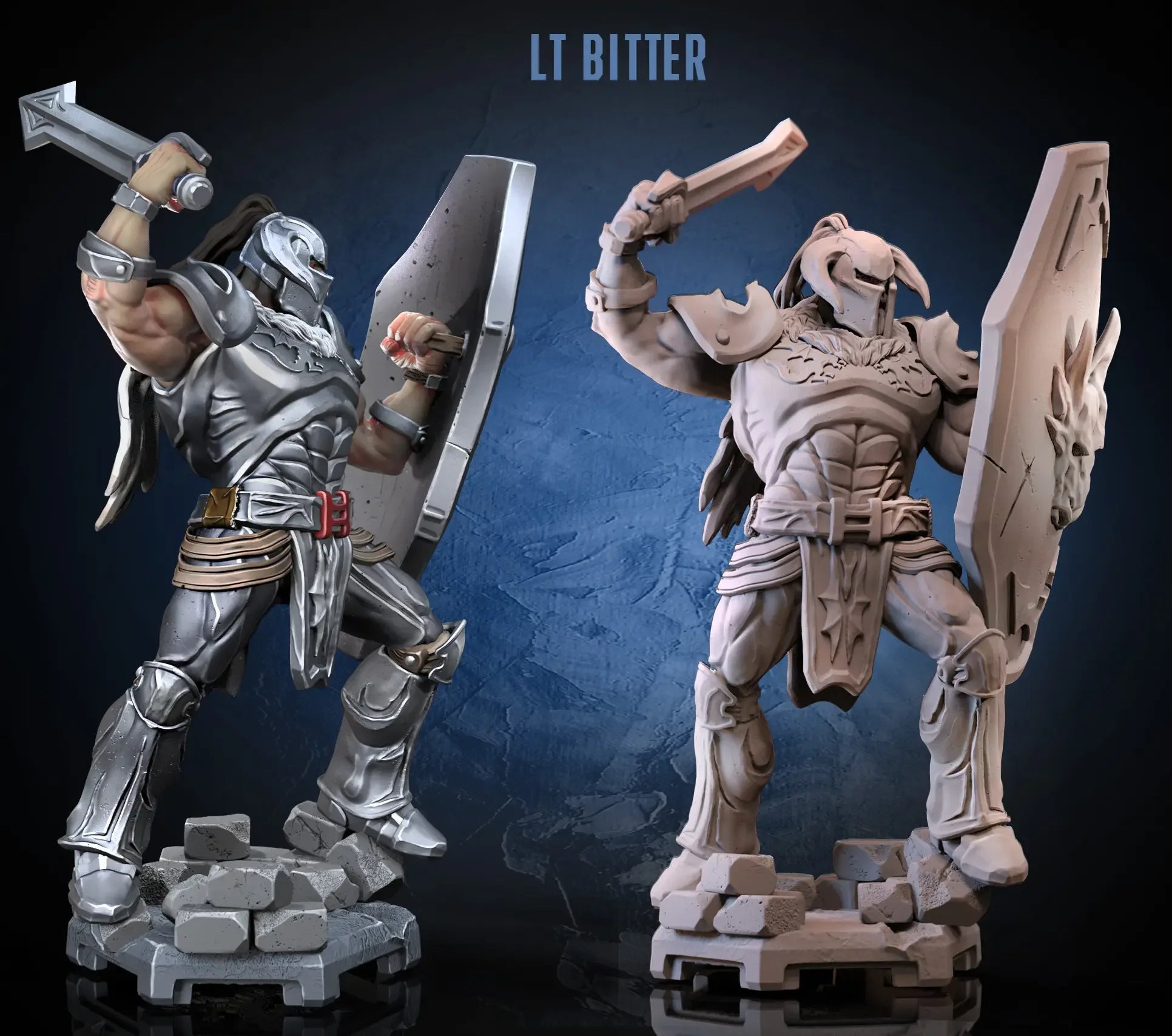 Battler Knight painted and raw render front view with shield and sword raised