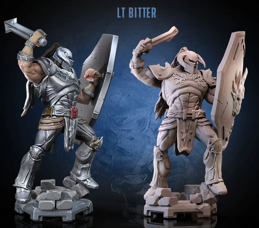 Battler Knight painted and raw render front view with shield and sword raised