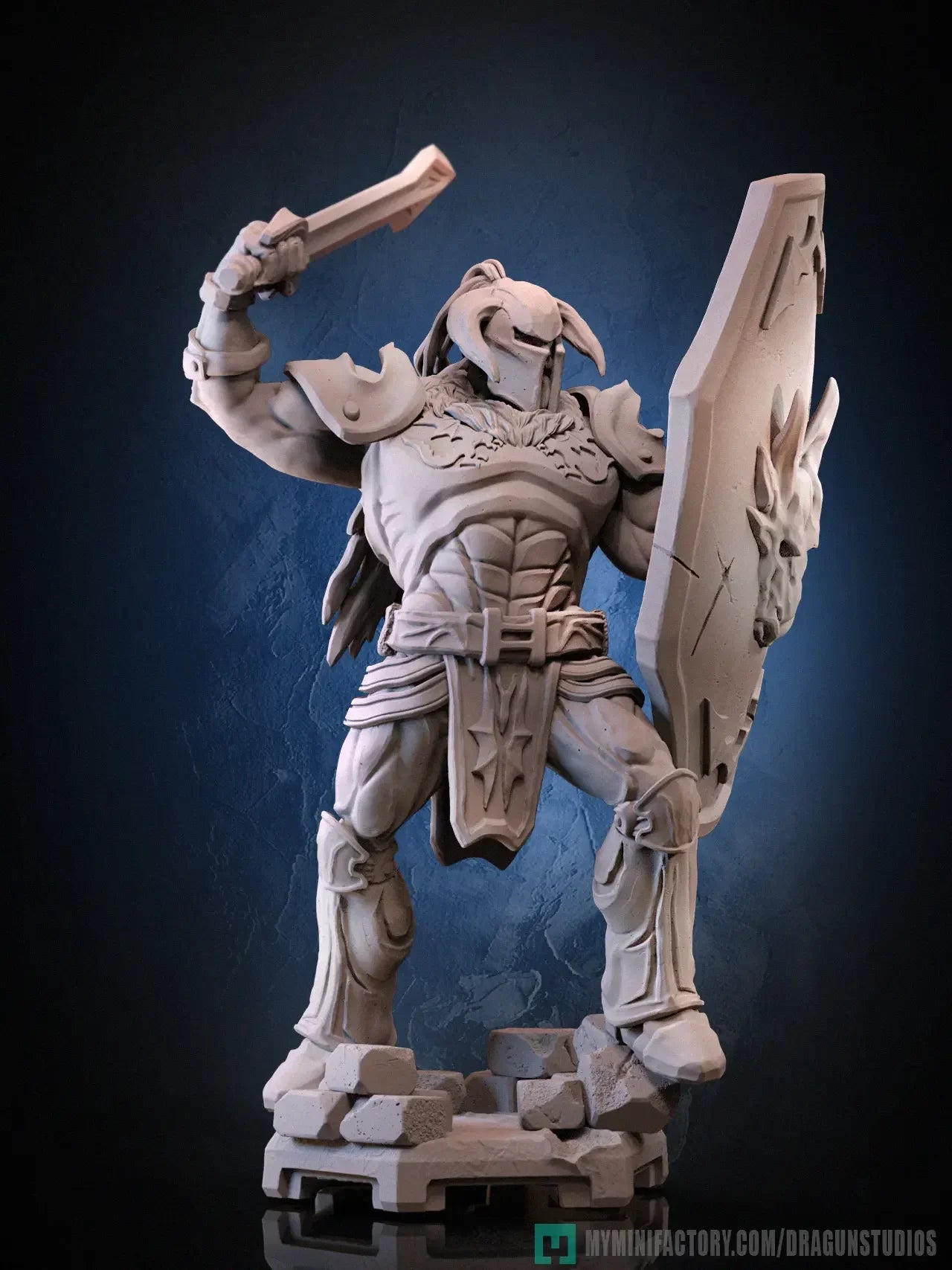 Battler Knight resin print front stance showing muscular armor and shield detail