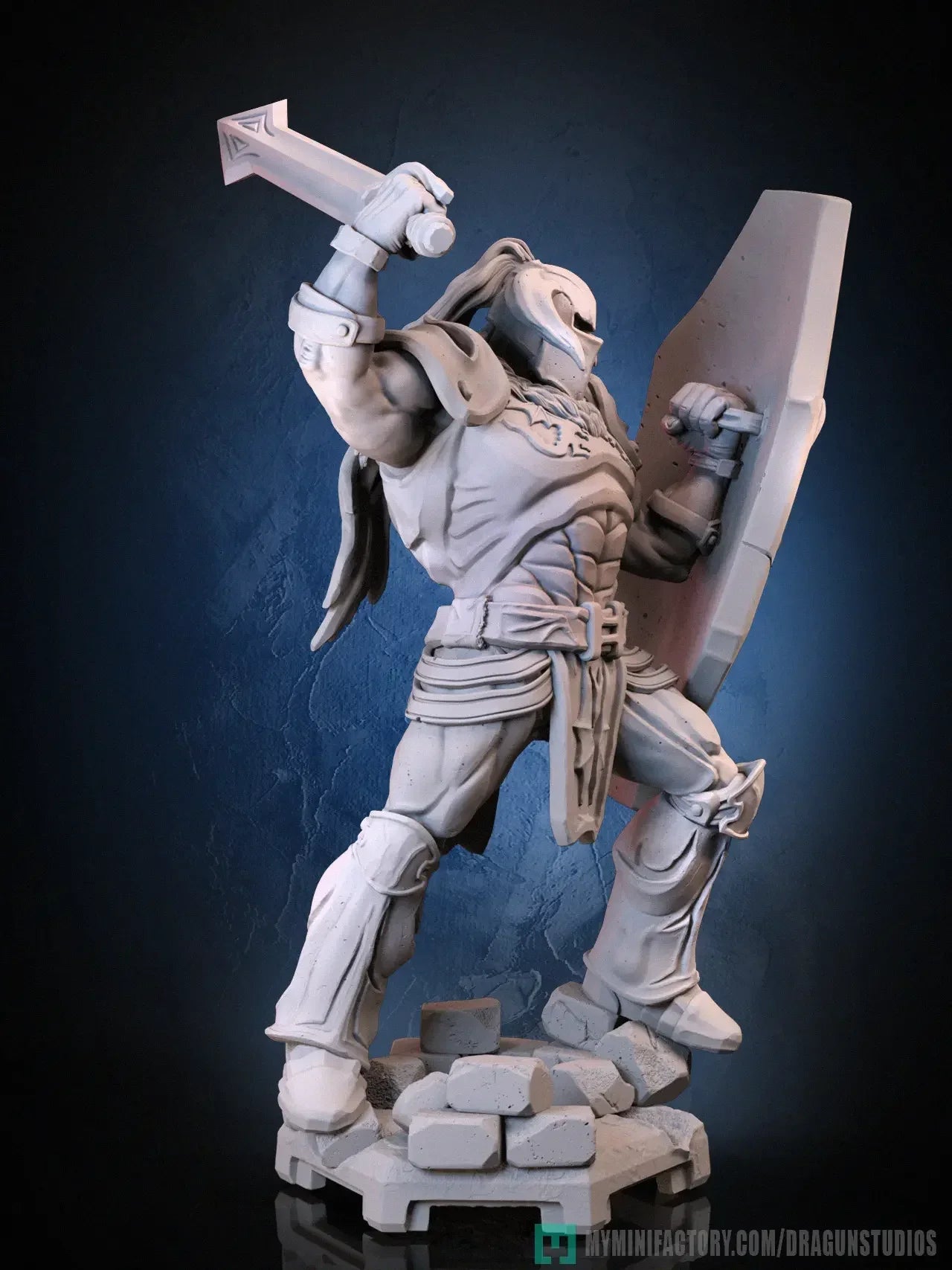 Battler Knight resin print hero pose with sword and shield on rocky base