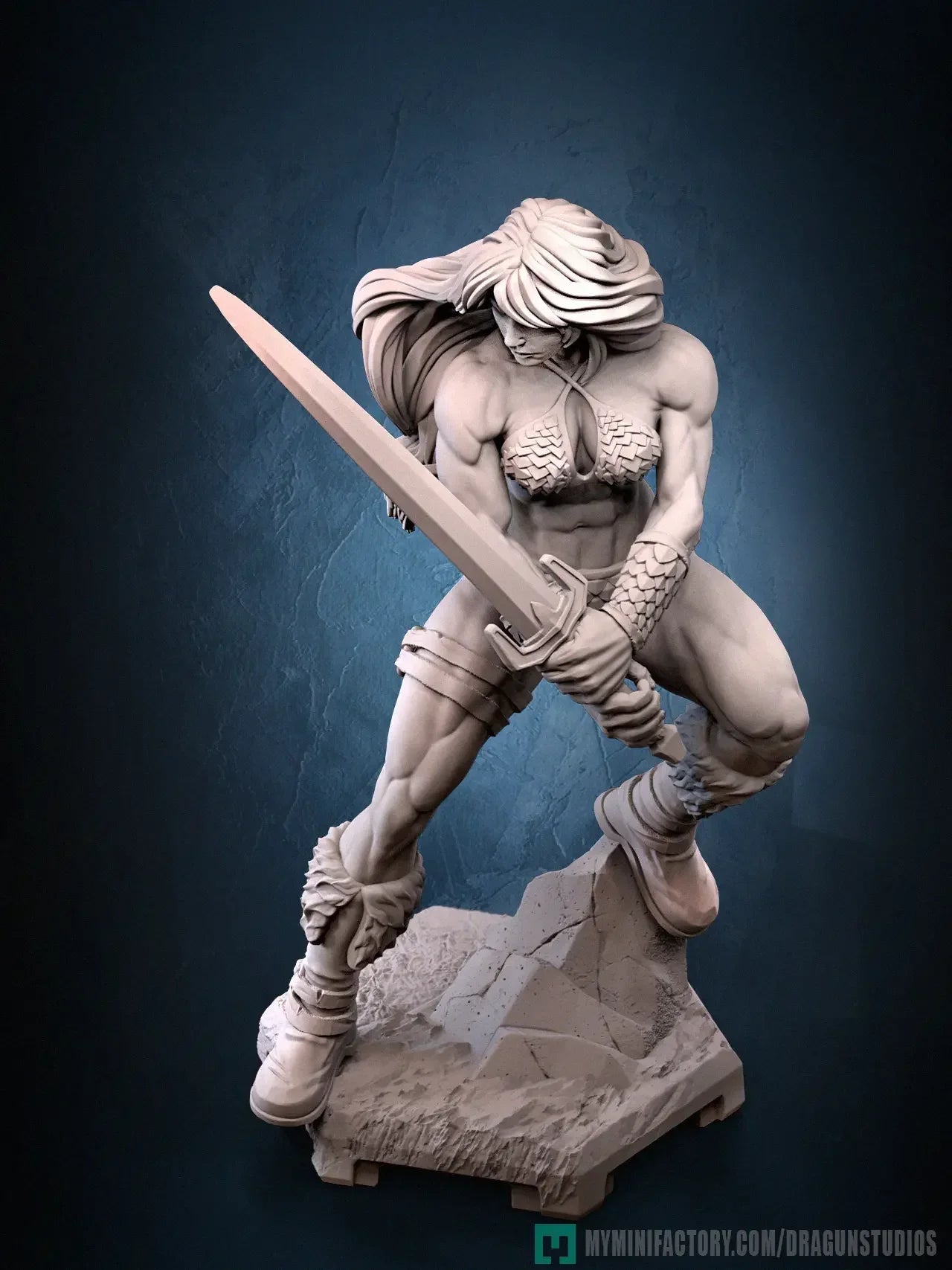 Flare Warrioress raw resin print dramatic angle with sword ready