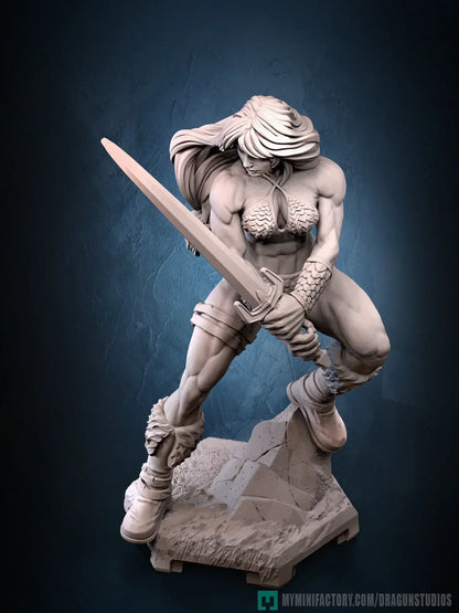 Flare Warrioress raw resin print dramatic angle with sword ready