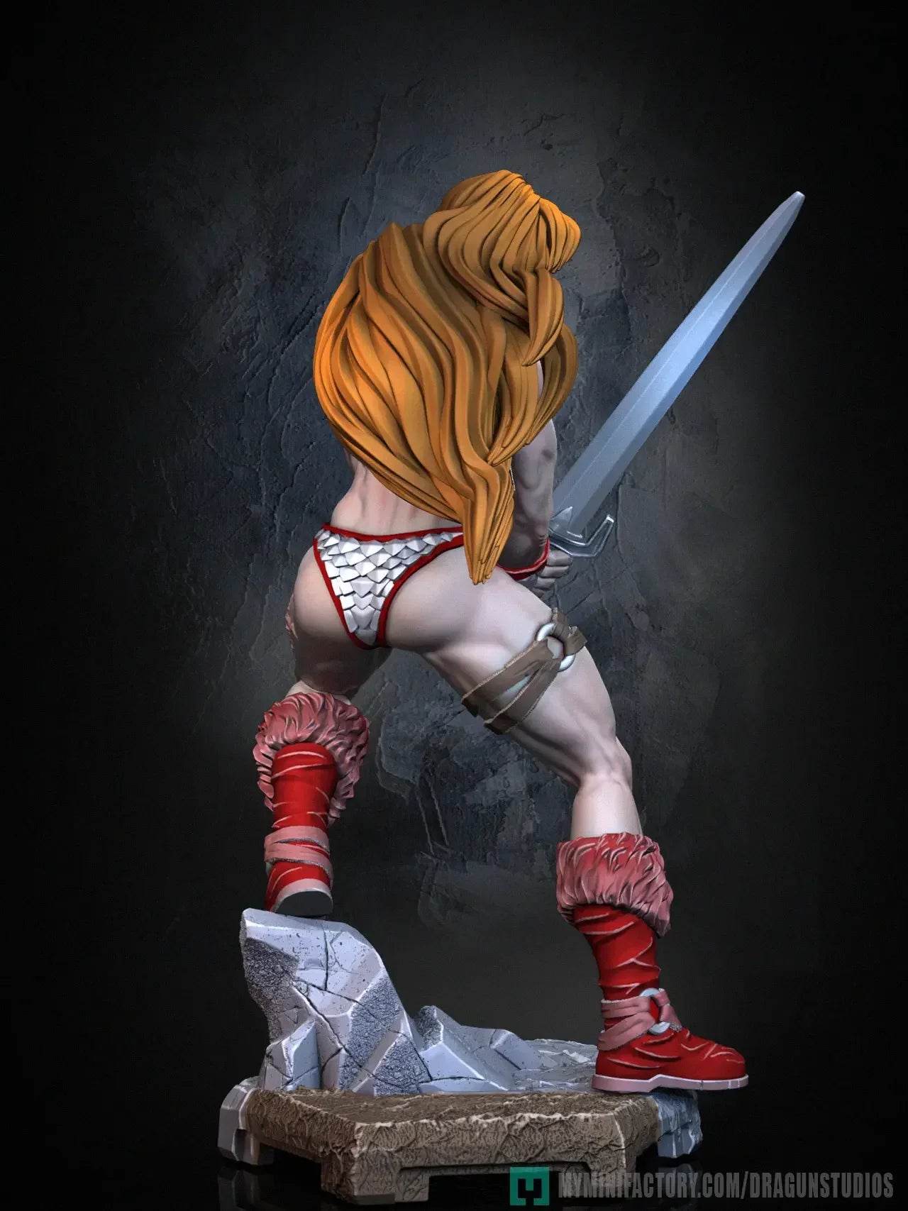 Flare Warrioress render of back view standing on rocky base