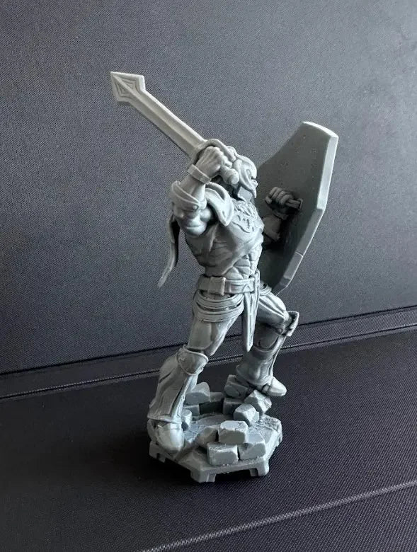 Battler Knight gray resin print side view with raised sword and beast crest shield