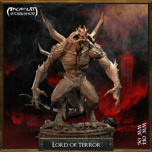 Lord of Terror front view towering over skull-strewn base with long claws and horns
