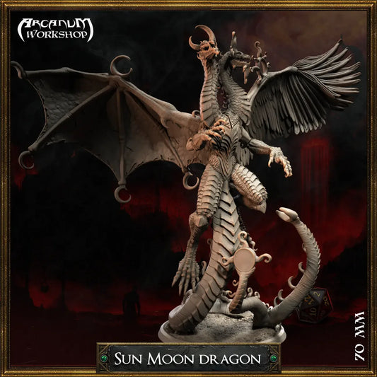 Sun Moon Dragon front view showing raised claws, moon horns, and detailed scales