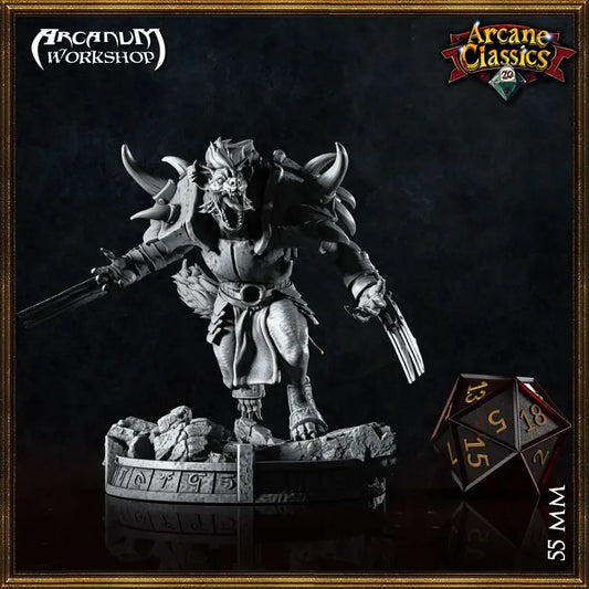 Gnoll Hunter snarling with claws extended on rune-carved stone base