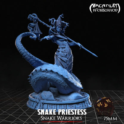 Snake Priestess 75mm fantasy miniature with detailed serpentine headdress and staff, printed in blue resin
