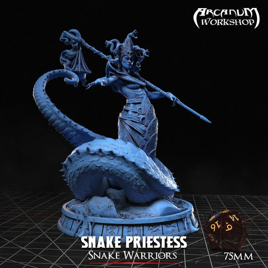 Snake Priestess 75mm fantasy miniature with detailed serpentine headdress and staff, printed in blue resin