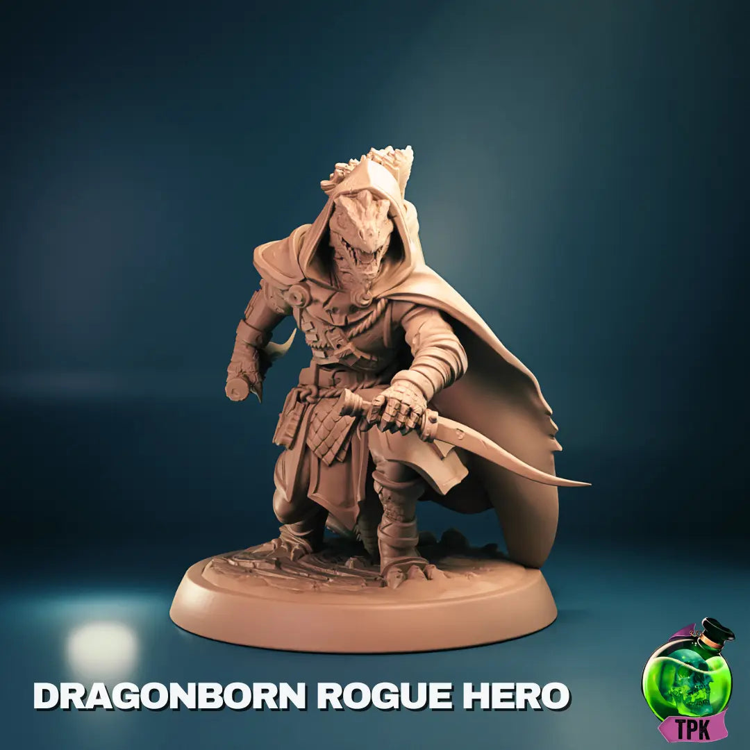 Full Dragonborn Rogue Hero miniature armed with curved blade and cloak, standing on round base