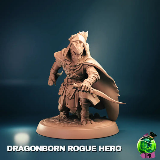Full Dragonborn Rogue Hero miniature armed with curved blade and cloak, standing on round base