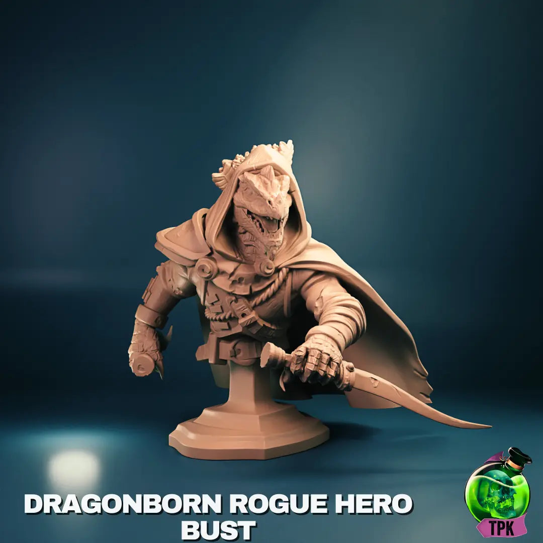 Dragonborn Rogue Hero bust with hood, snarling expression, and dagger drawn