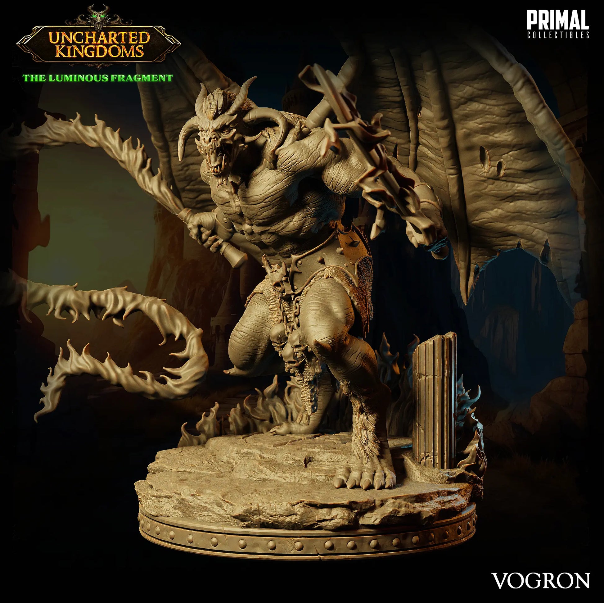 Balor Vogrol Demon miniature by PRIMAL Collectibles – 32mm and 75mm resin fantasy boss with wings, swords, and flames for DnD and TTRPG display