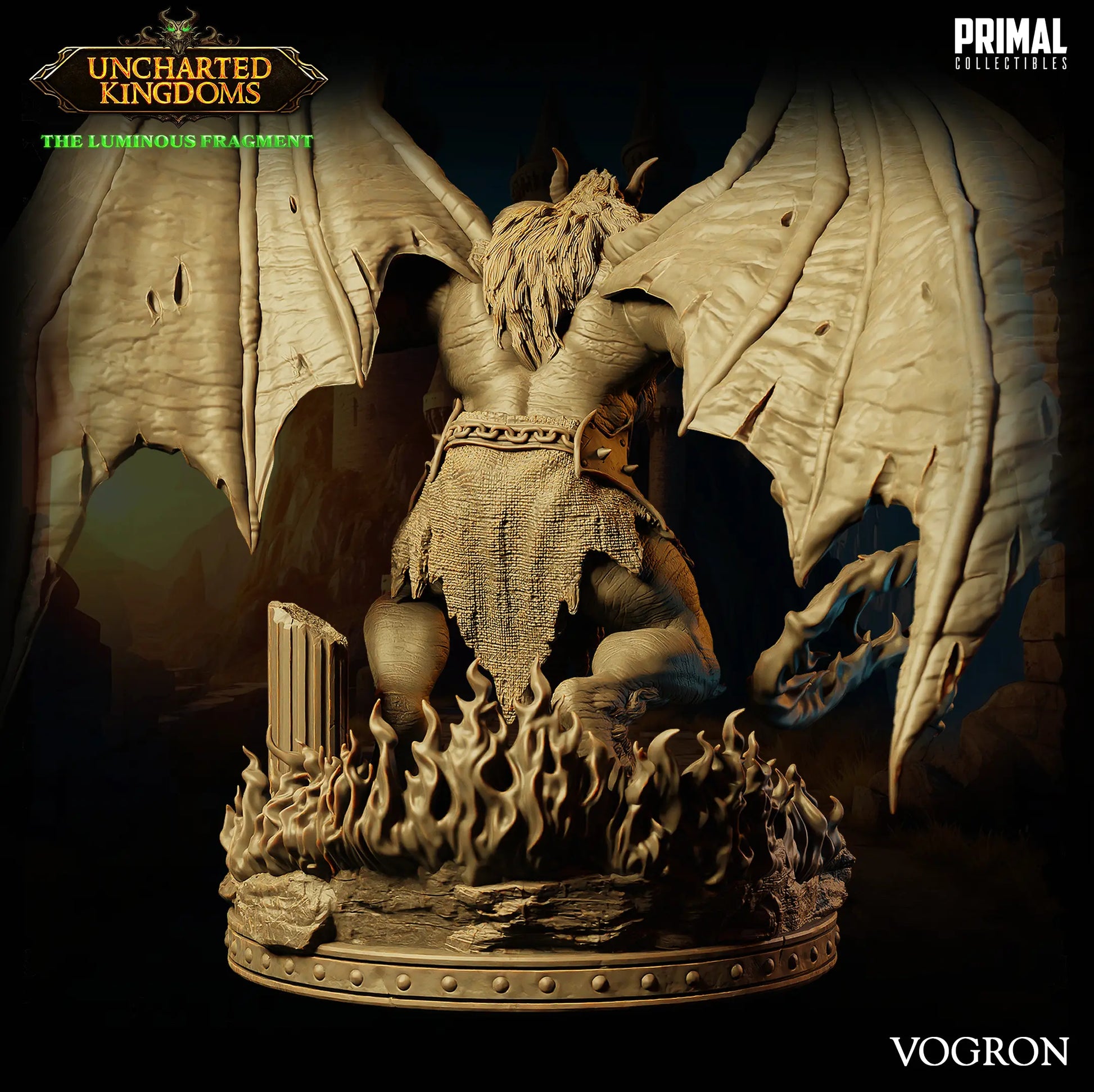 Balor Vogrol Demon miniature by PRIMAL Collectibles – 32mm and 75mm resin fantasy boss with wings, swords, and flames for DnD and TTRPG display