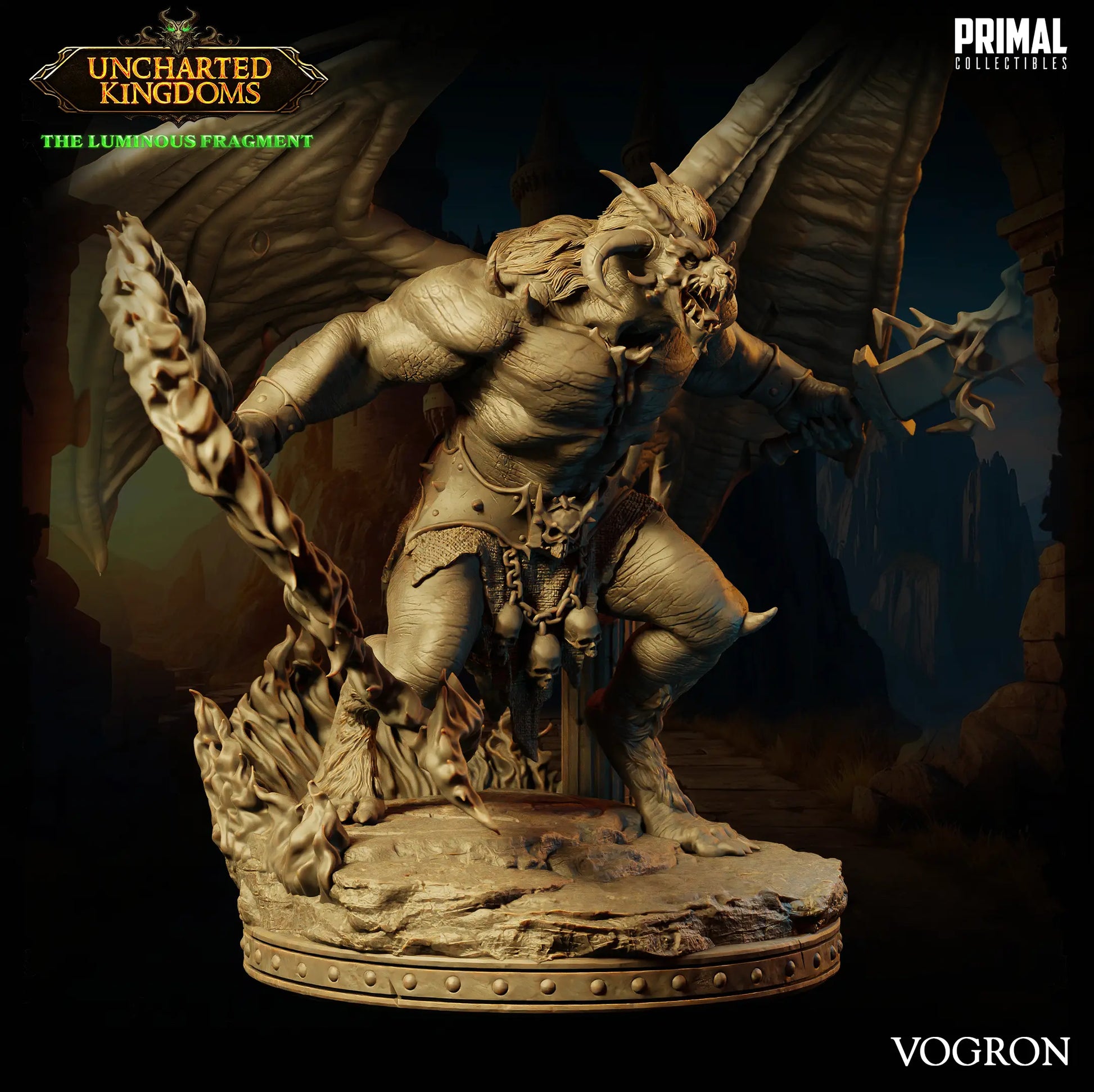Balor Vogrol Demon miniature by PRIMAL Collectibles – 32mm and 75mm resin fantasy boss with wings, swords, and flames for DnD and TTRPG display