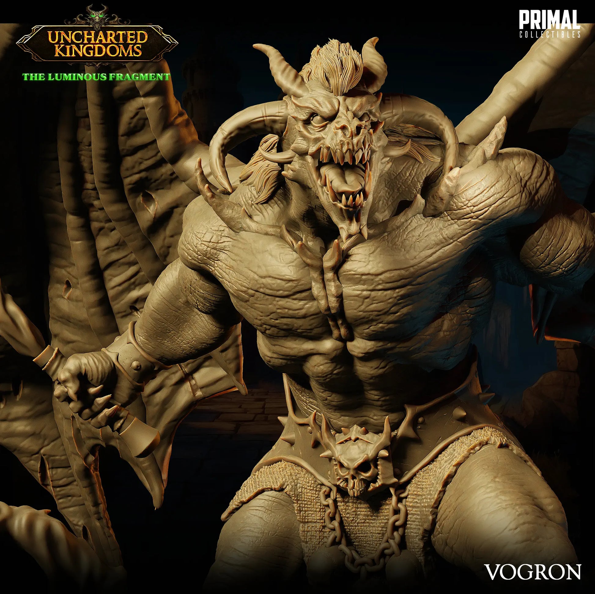 Close-up of Balor Vogrol Demon miniature by PRIMAL Collectibles – 32mm and 75mm resin fantasy boss with wings, swords, and flames for DnD and TTRPG display