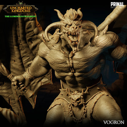 Close-up of Balor Vogrol Demon miniature by PRIMAL Collectibles – 32mm and 75mm resin fantasy boss with wings, swords, and flames for DnD and TTRPG display