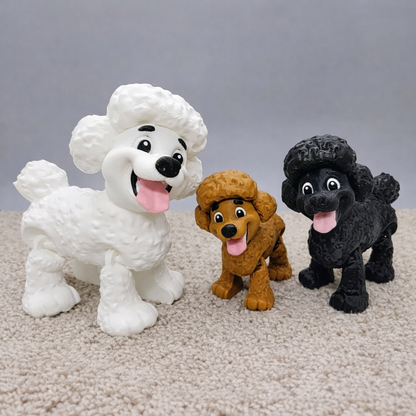 Lineup of colorful toy poodle figurines in white, brown, and black, shown in multiple sizes with articulated legs and playful expressions.