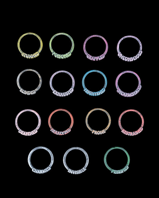 Full set of 16 3D printed condition rings for tabletop RPGs, color-coded with labels like Stunned, Poisoned, Grappled, and more.