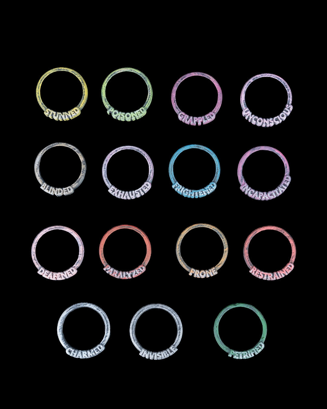 Full set of 16 3D printed condition rings for tabletop RPGs, color-coded with labels like Stunned, Poisoned, Grappled, and more.