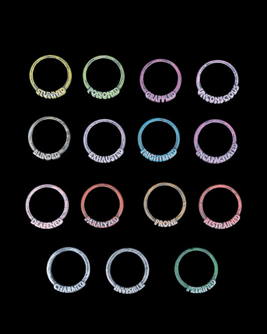 Full set of 16 3D printed condition rings for tabletop RPGs, color-coded with labels like Stunned, Poisoned, Grappled, and more.