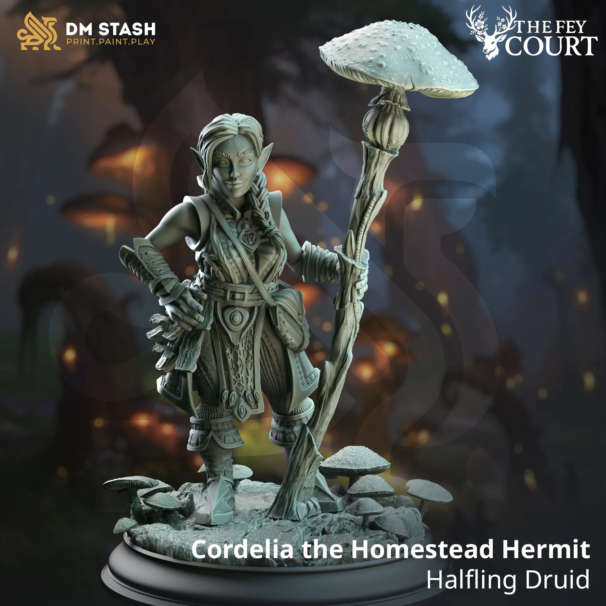 Cordelia the Homestead Hermit miniature with mushroom staff and forest base, Halfling Druid from The Fey Court