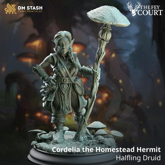 Cordelia the Homestead Hermit miniature with mushroom staff and forest base, Halfling Druid from The Fey Court