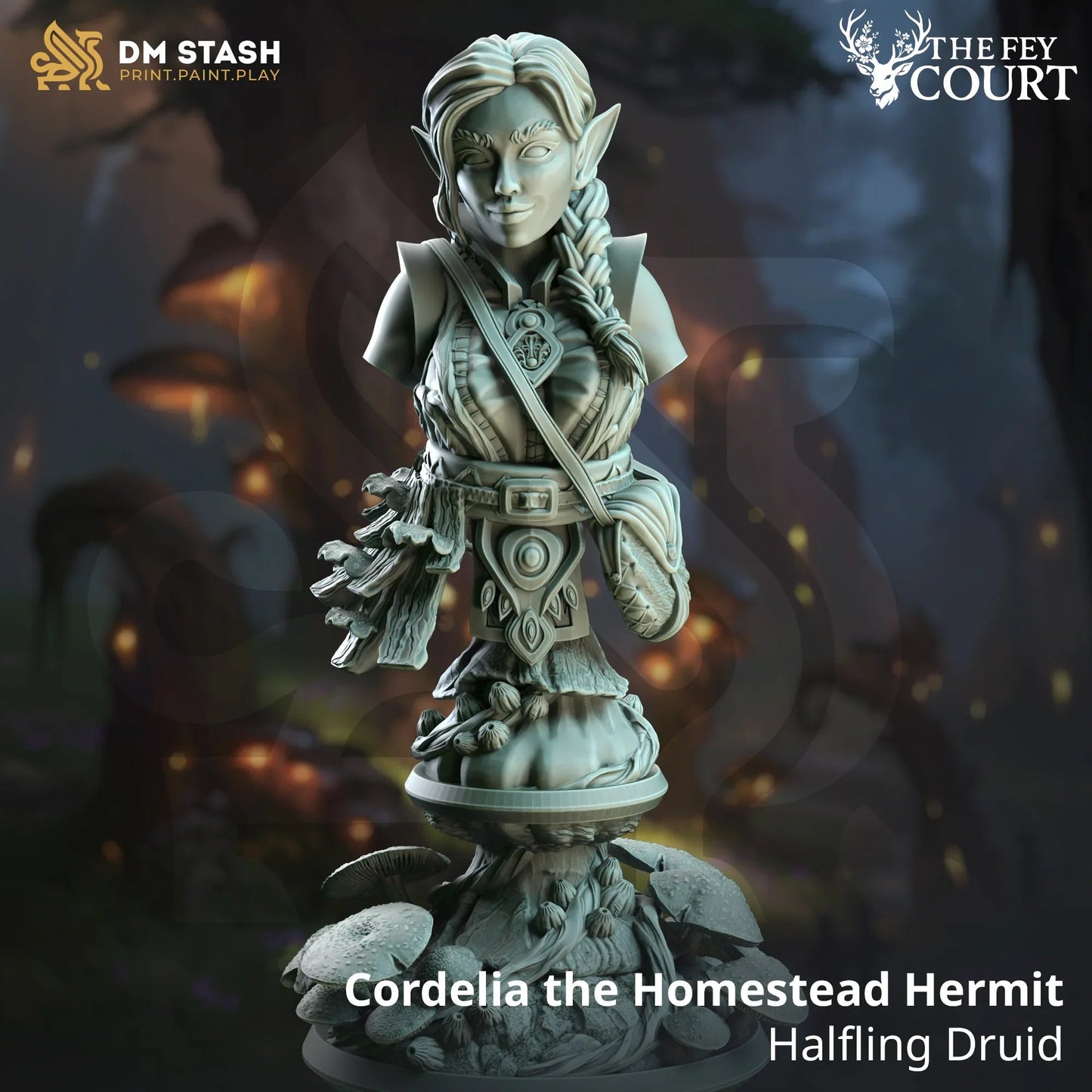 Bust of Cordelia the Halfling Druid with braided hair and mushroom-themed base from The Fey Court