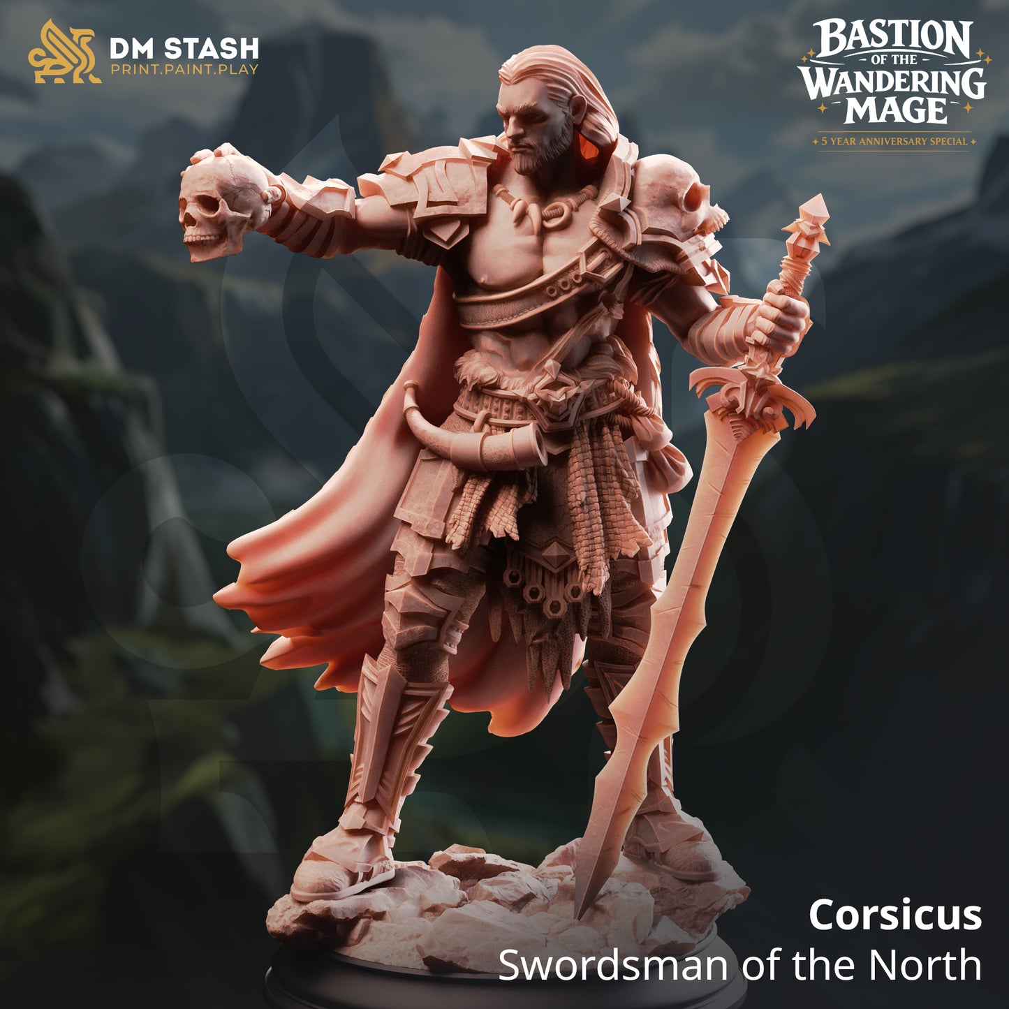 Corsicus Swordsman of the North resin miniature by DM Stash holding a skull trophy and massive jagged sword, printed by D&K Custom Prints.