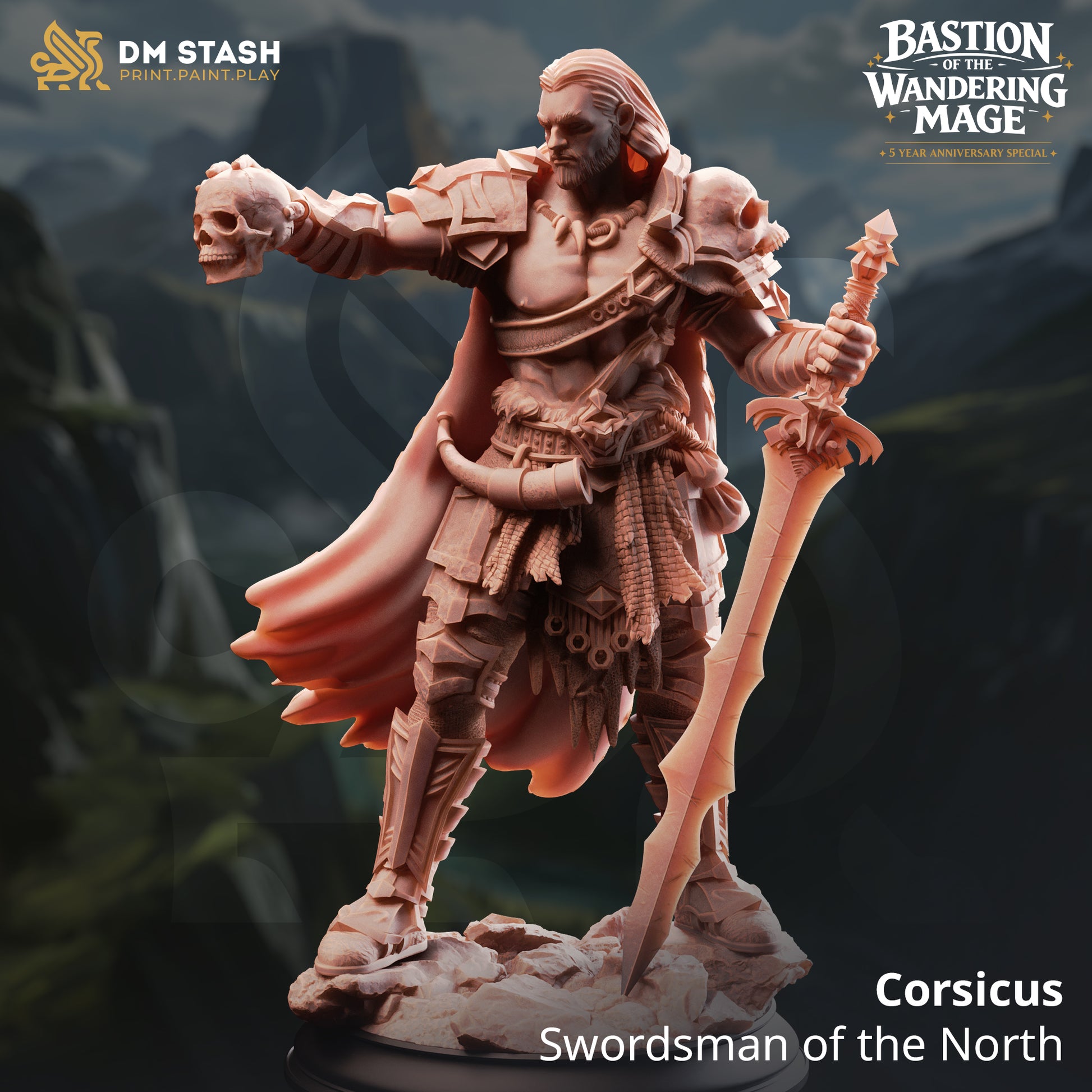 Corsicus Swordsman of the North resin miniature by DM Stash holding a skull trophy and massive jagged sword, printed by D&K Custom Prints.