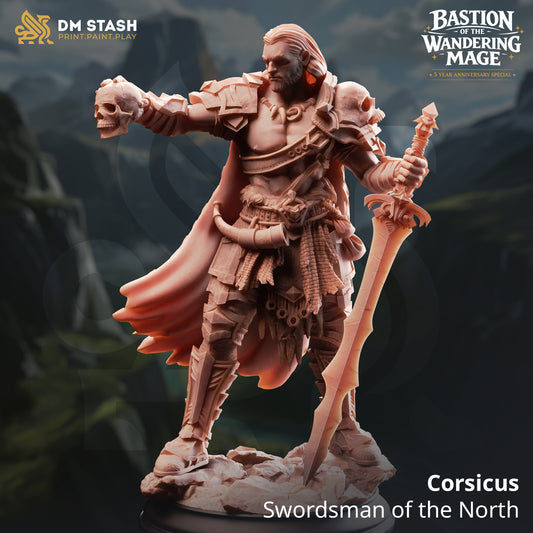 Corsicus Swordsman of the North resin miniature by DM Stash holding a skull trophy and massive jagged sword, printed by D&K Custom Prints.