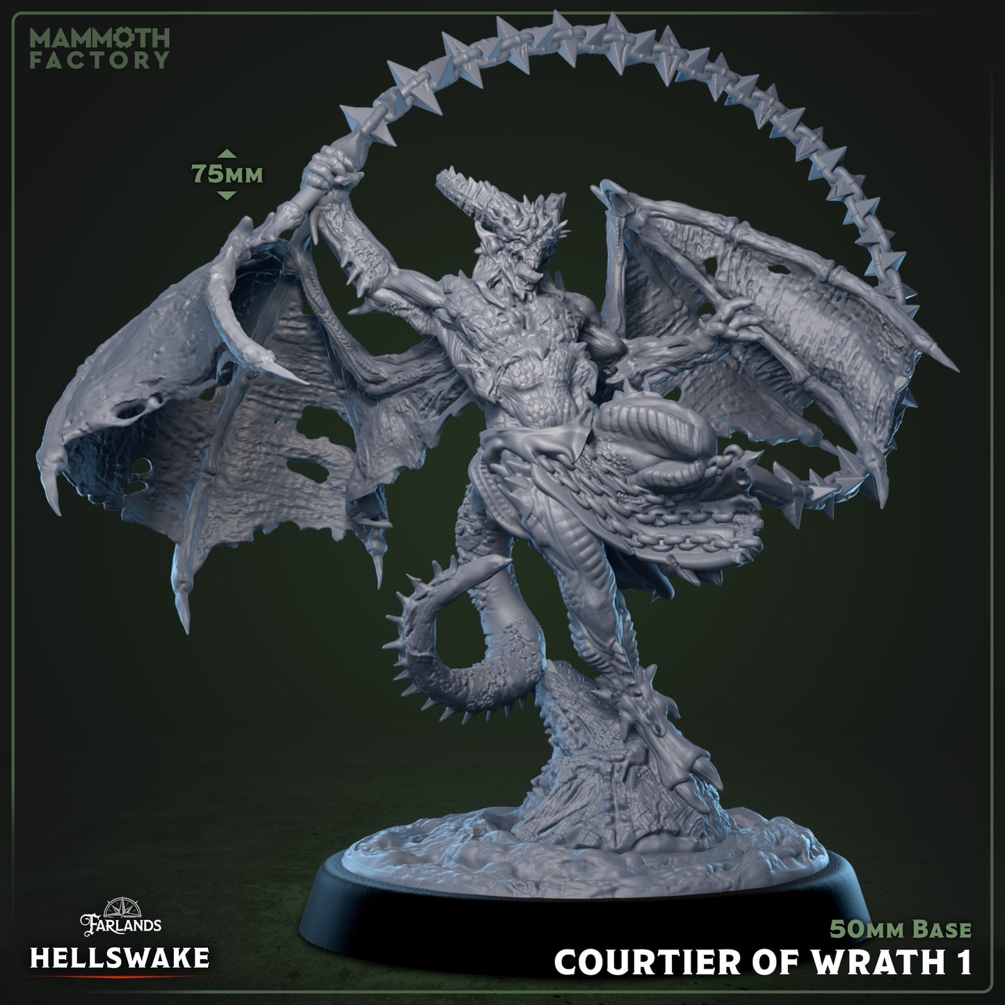 Courtiers of Wrath 3D printed resin miniatures on 50 mm bases, 75 mm tall demonic bosses for tabletop RPGs or painting.