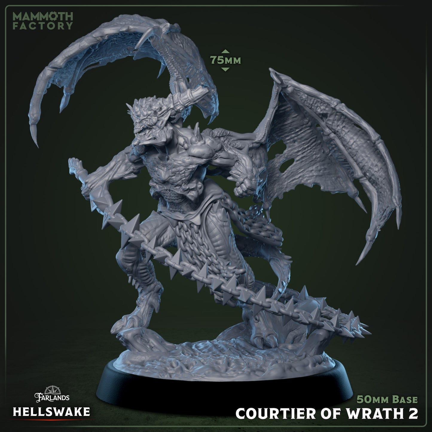 Courtiers of Wrath 3D printed resin miniatures on 50 mm bases, 75 mm tall demonic bosses for tabletop RPGs or painting.