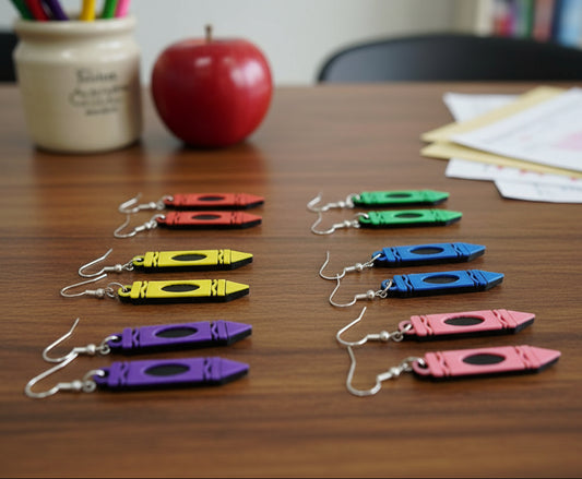 Crayon shaped earrings in rainbow colors on a teacher desk, unique teacher earrings and gifts for teachers.