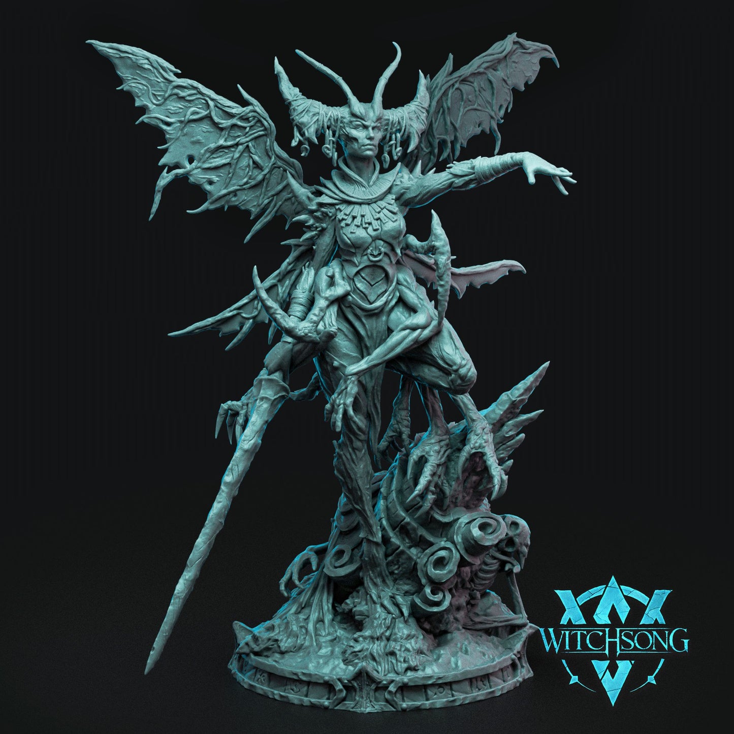 Cryptid Queen 150mm Huge resin miniature by Witchsong featuring tattered wings and chitinous armor on a 3x3 scenic base.