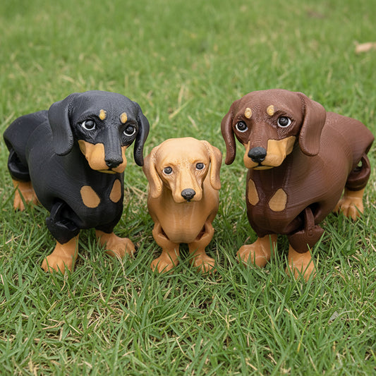 Three dachshund figurines in black, brown, and beige on a gray background