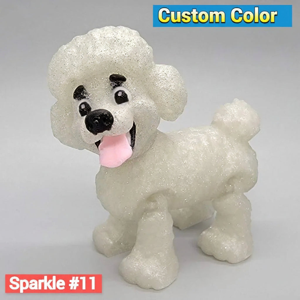 Sparkly white dog figurine with black nose and pink tongue on a gray background, labeled 'Custom Colors' and 'Sparkle #11'.