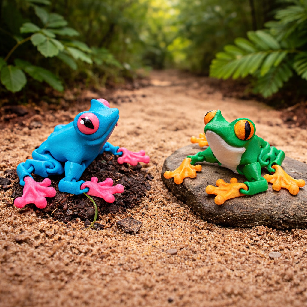 Two articulated frog toys in custom colors, one blue with pink feet and one green with orange feet, posed on rocks against a blurred natural forest background.