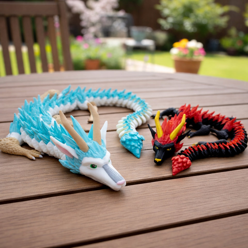 Two custom furry spirit dragon figures with articulated bodies, one in blue and white with tan horns and the other in red and black with yellow horns, coiled on an outdoor surface with a garden background