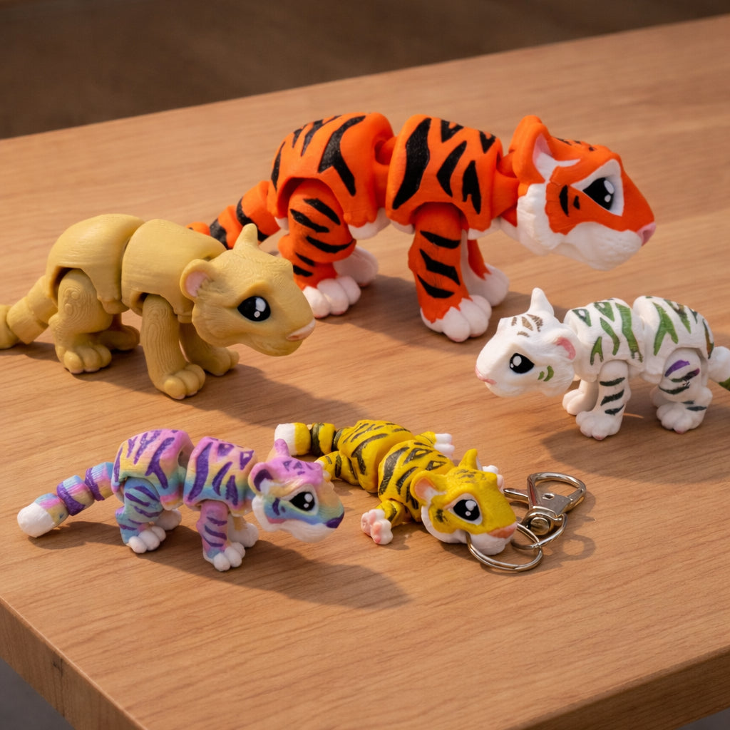 Square product photo showing six articulated mini big cat toys arranged on a light brown surface. The set includes an orange tiger with black stripes, a tan lion cub, a white tiger with green markings, and three smaller articulated cubs in purple blue yellow and gold colorways. One of the small cubs is attached to a silver metal keychain. 