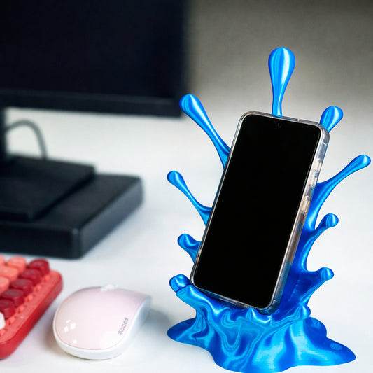 Blue phone stand with a smartphone on a desk