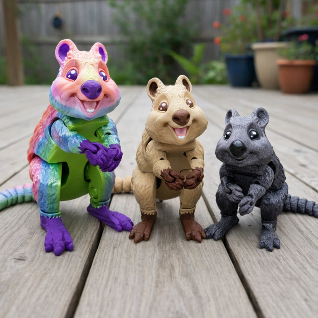 Custom quokka toy featuring articulated 3D printed quokka figures in rainbow tan and dark gray with smiling faces movable limbs and textured details displayed outdoors on a deck for play display or gift giving