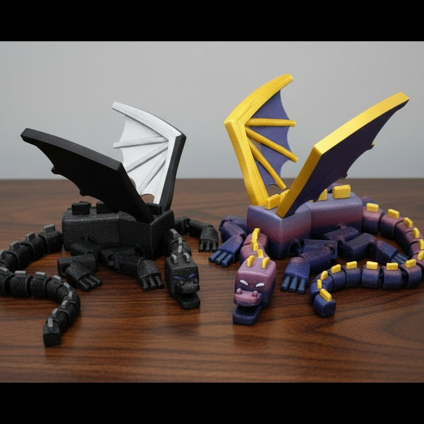 Custom winged blocky dragon toy in three available sizes with customizable colors, shown as articulated dragon figures with folded wings on a tabletop surface