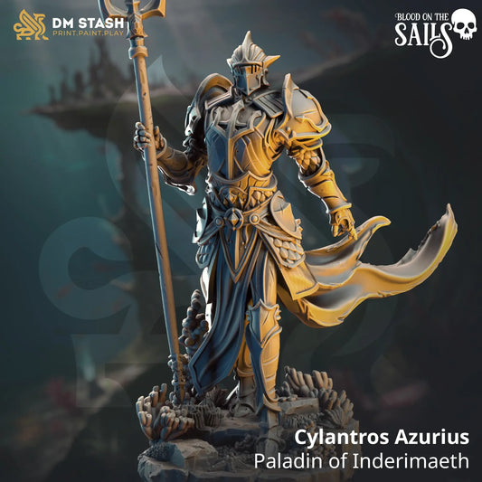 Cylantros Azurius paladin miniature with trident and flowing cape on coral rocks for TTRPG